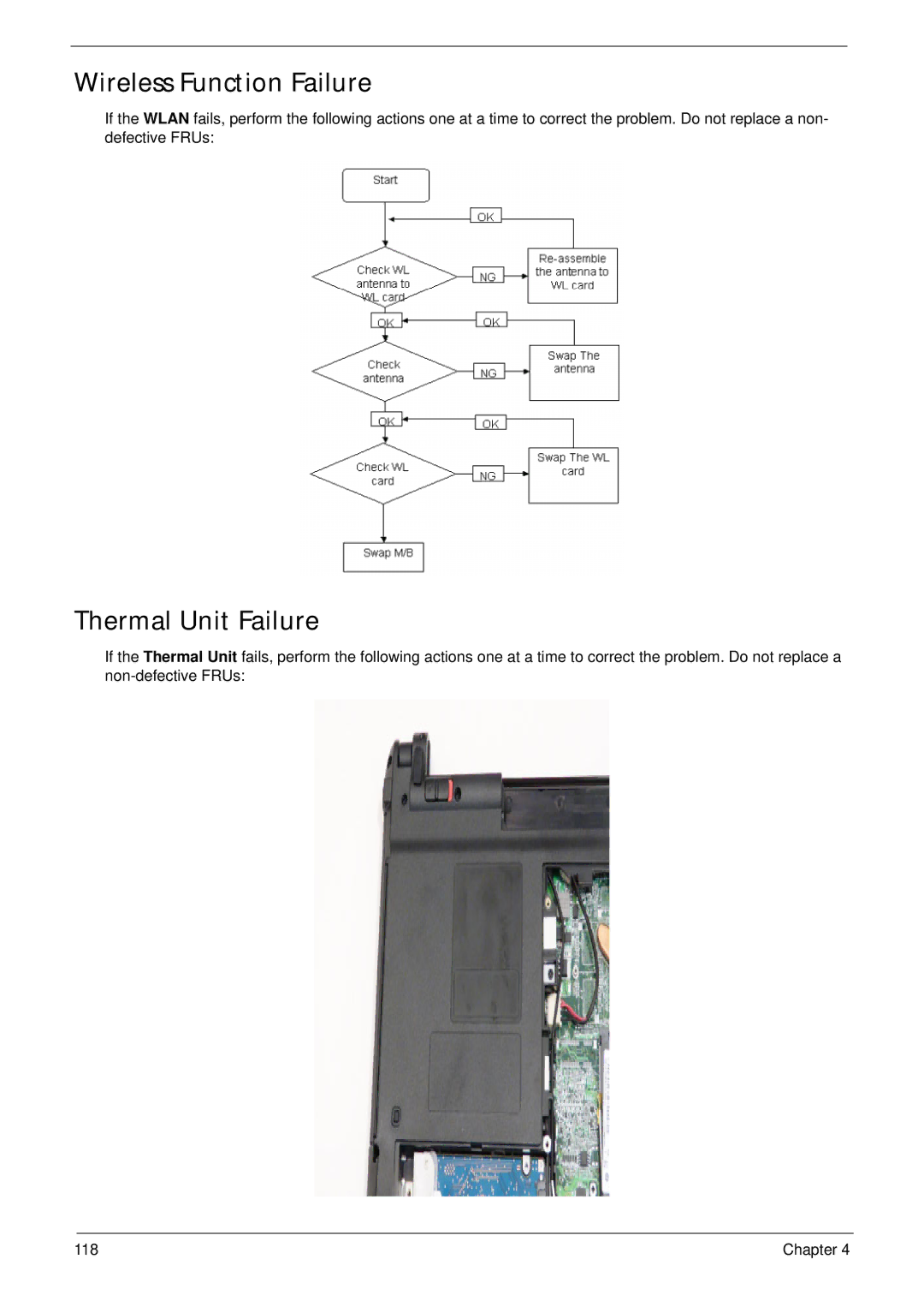 Acer 4745 manual Wireless Function Failure, Thermal Unit Failure 