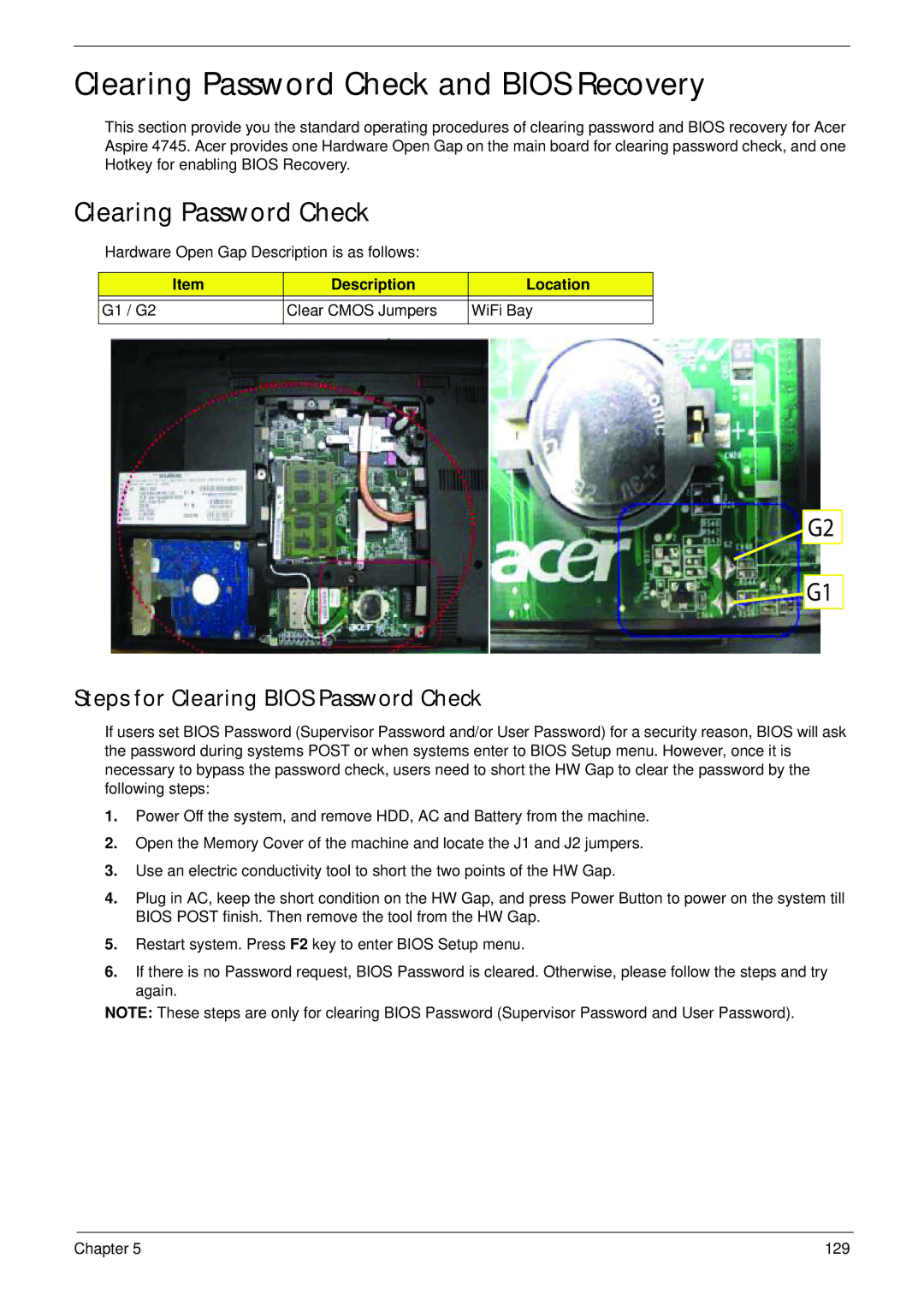 Acer 4745 manual Clearing Password Check and Bios Recovery, Steps for Clearing Bios Password Check 