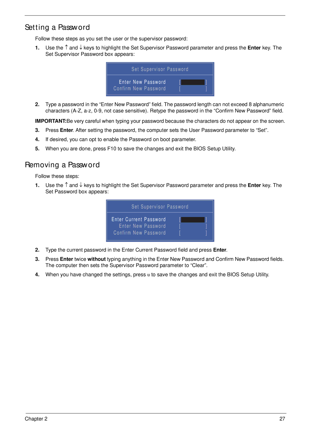 Acer 4745 manual Setting a Password, Removing a Password 