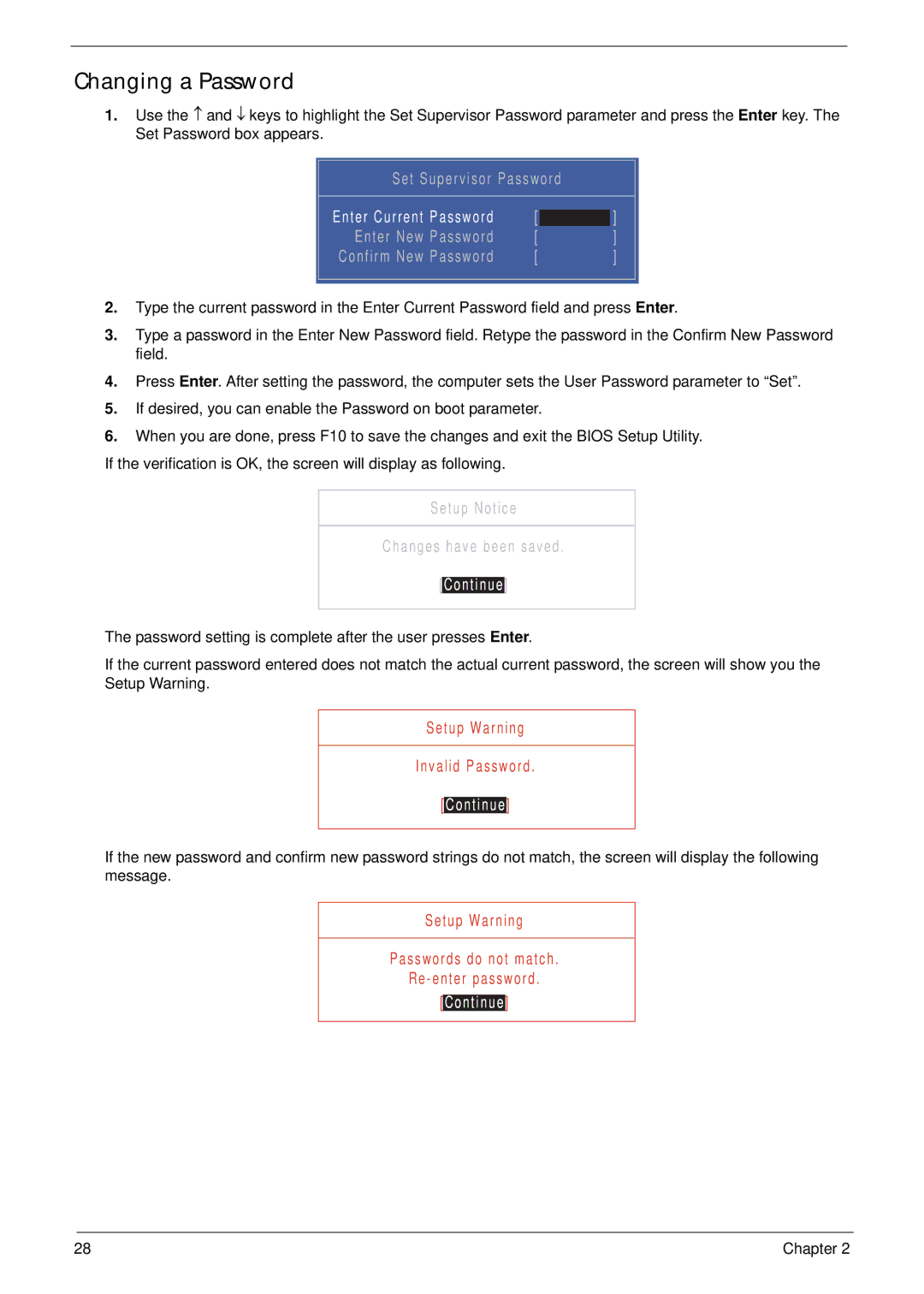 Acer 4745 manual Changing a Password, Continue 