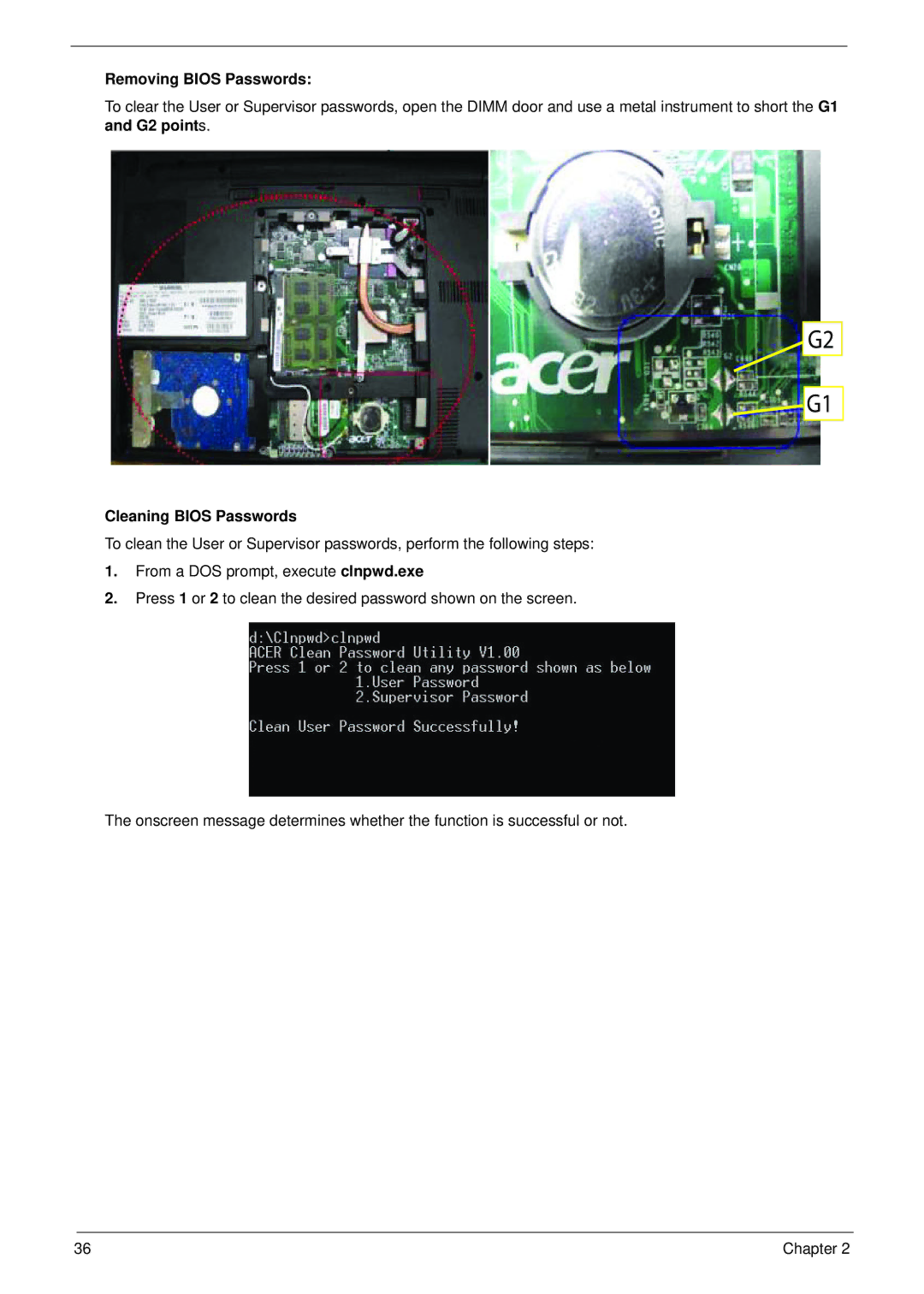 Acer 4745 manual Removing Bios Passwords, Cleaning Bios Passwords 