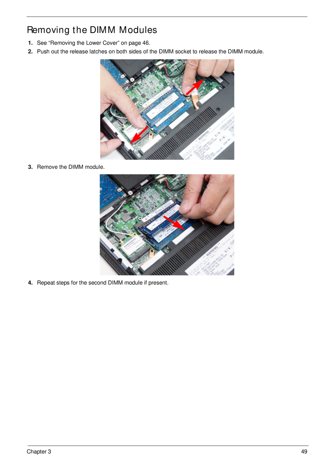 Acer 4745 manual Removing the Dimm Modules 