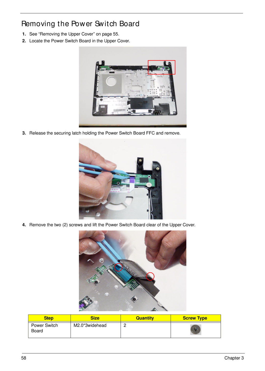 Acer 4745 manual Removing the Power Switch Board 