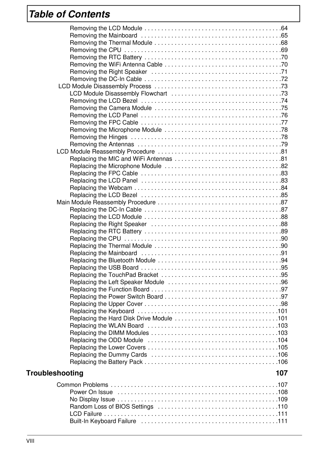 Acer 4745 manual Troubleshooting 107, Viii 