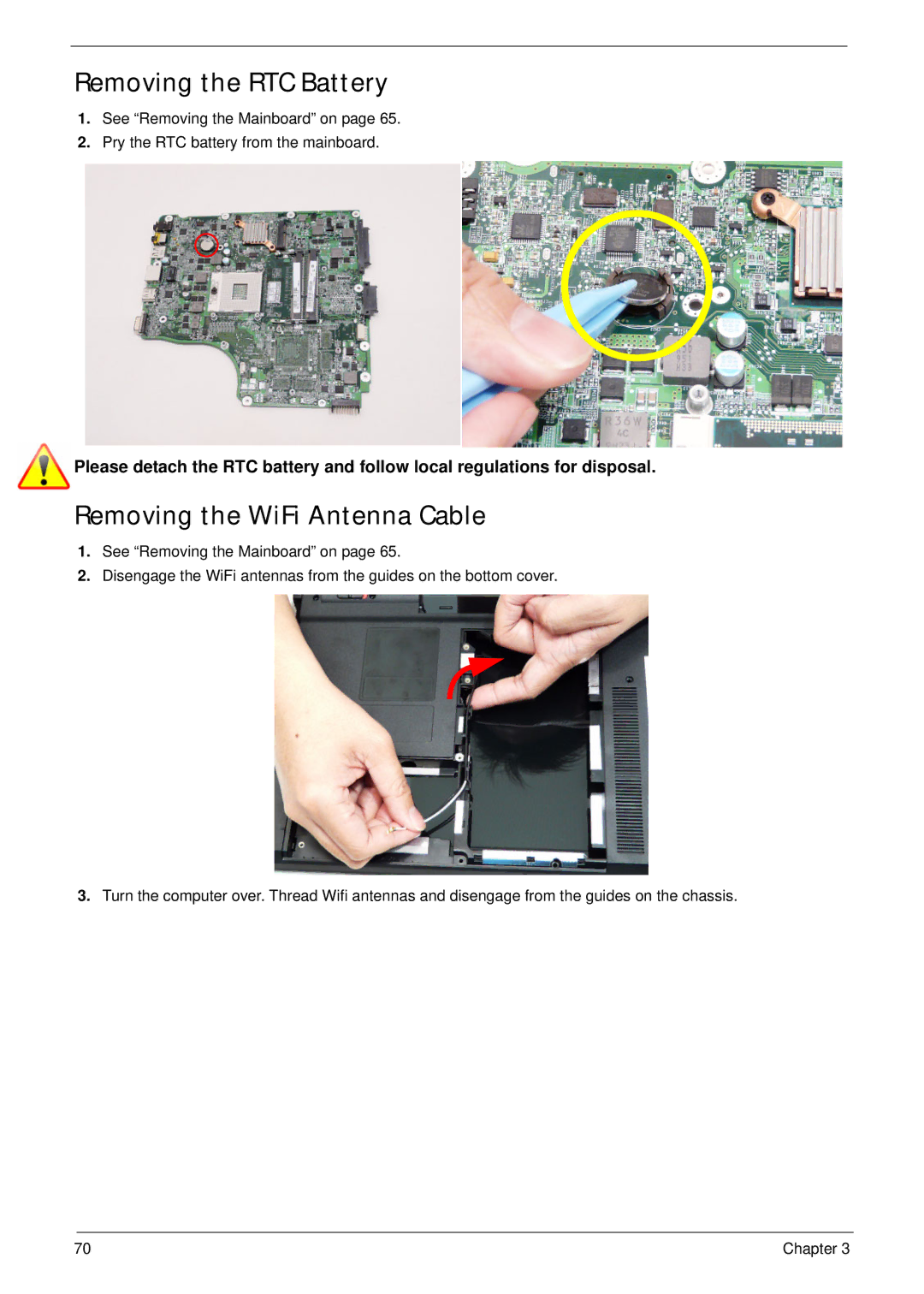 Acer 4745 manual Removing the RTC Battery, Removing the WiFi Antenna Cable 