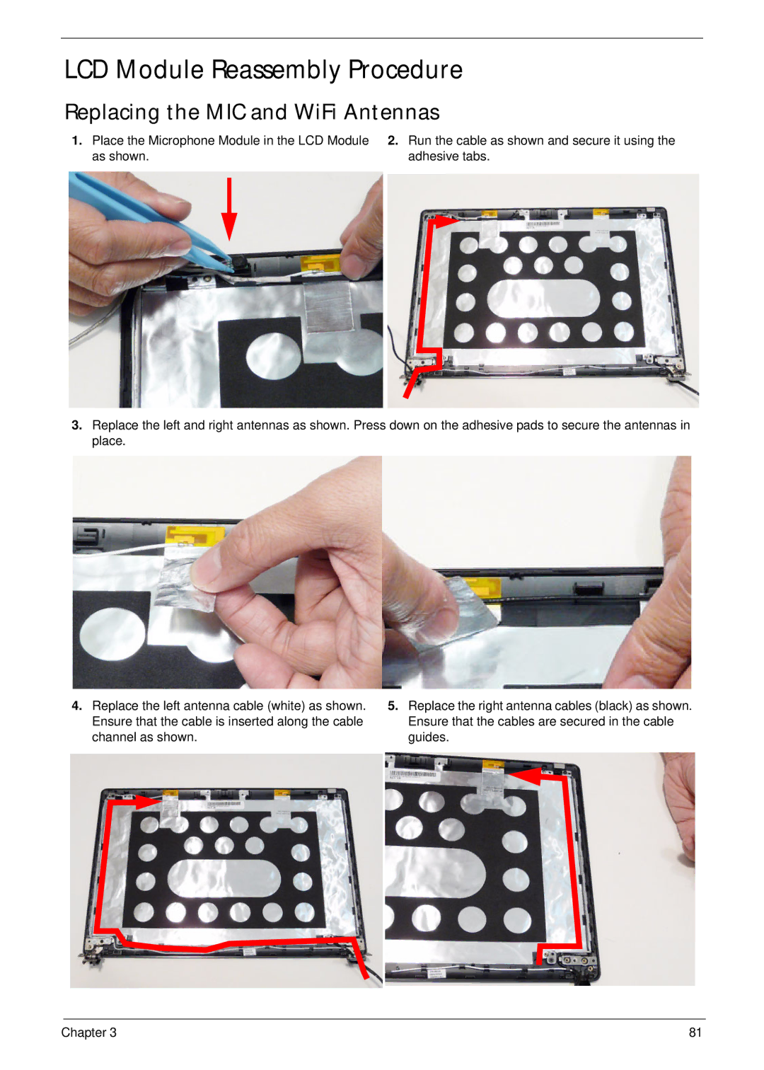 Acer 4745 manual LCD Module Reassembly Procedure, Replacing the MIC and WiFi Antennas 