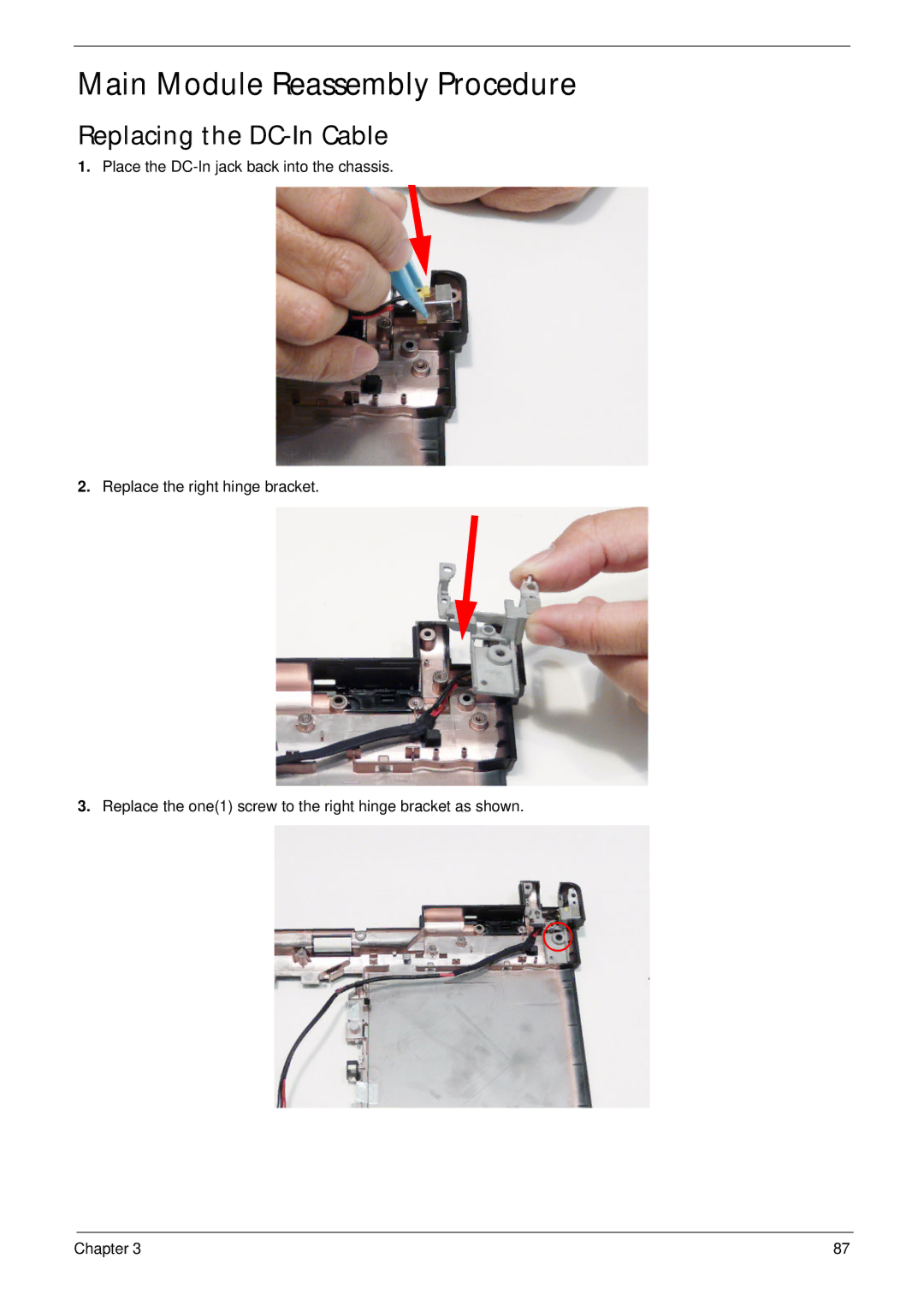 Acer 4745 manual Main Module Reassembly Procedure, Replacing the DC-In Cable 