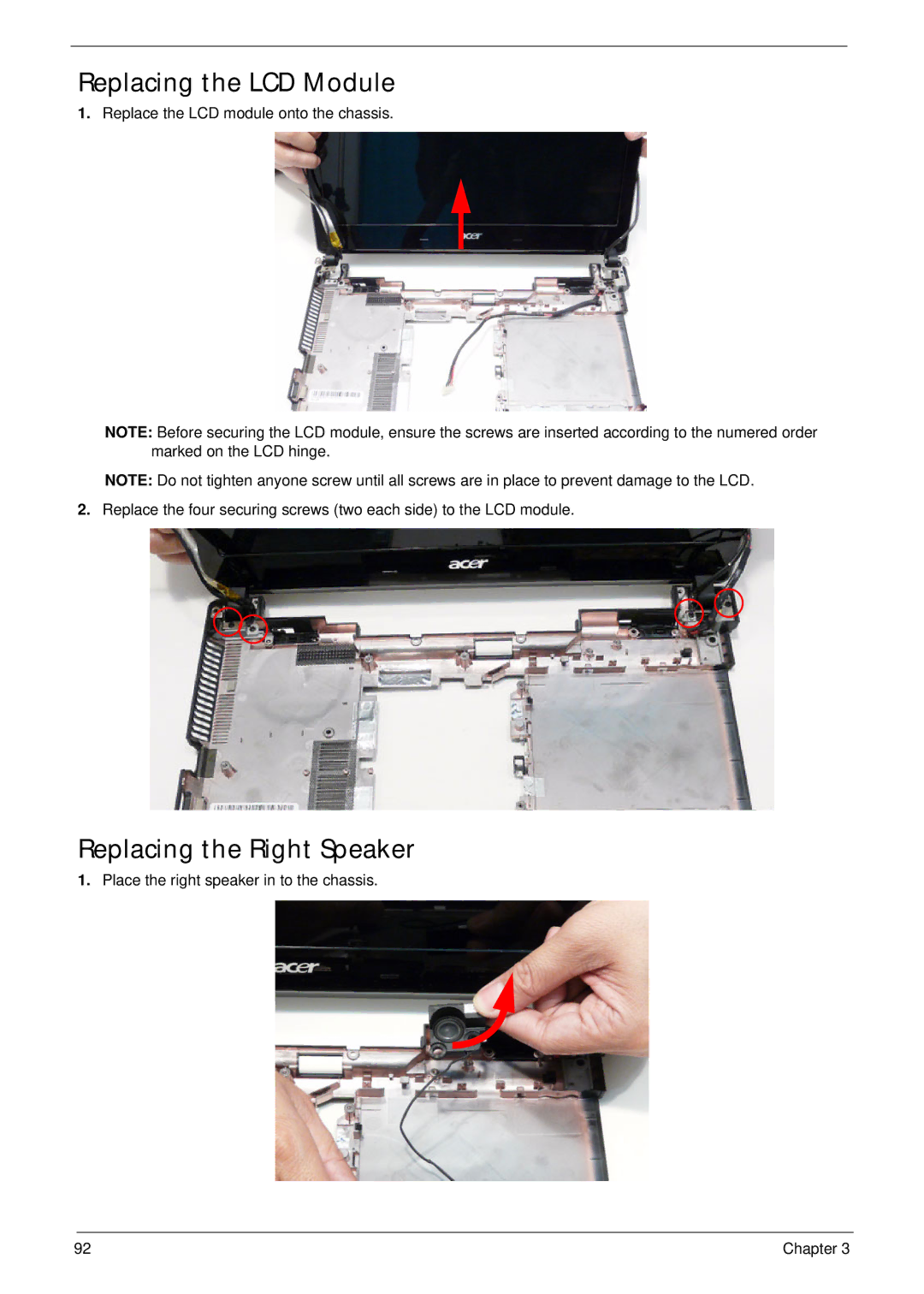 Acer 4820T manual Replacing the LCD Module, Replacing the Right Speaker 