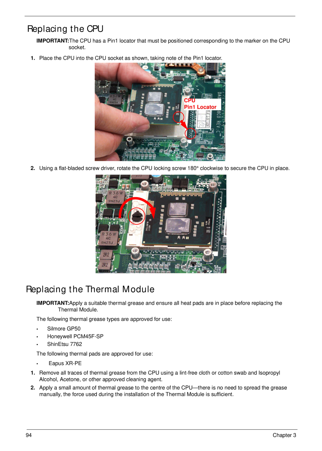 Acer 4820T manual Replacing the CPU, Replacing the Thermal Module 