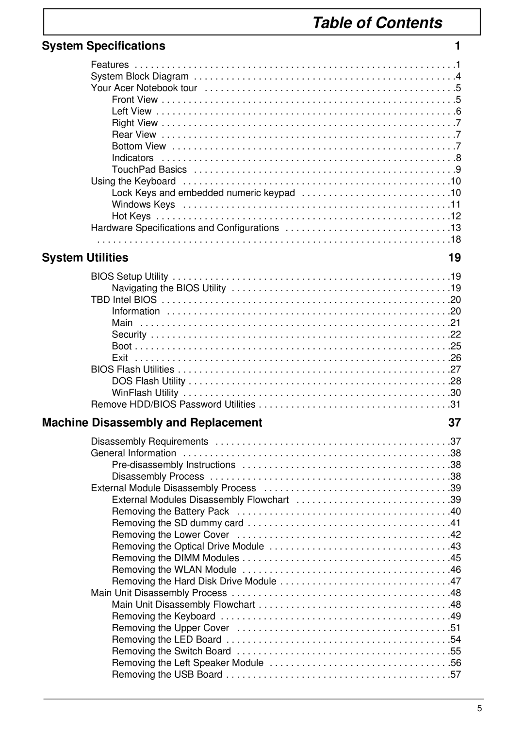 Acer 4820T manual Table of Contents 