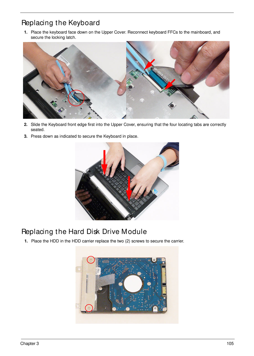 Acer 4820T manual Replacing the Keyboard, Replacing the Hard Disk Drive Module 