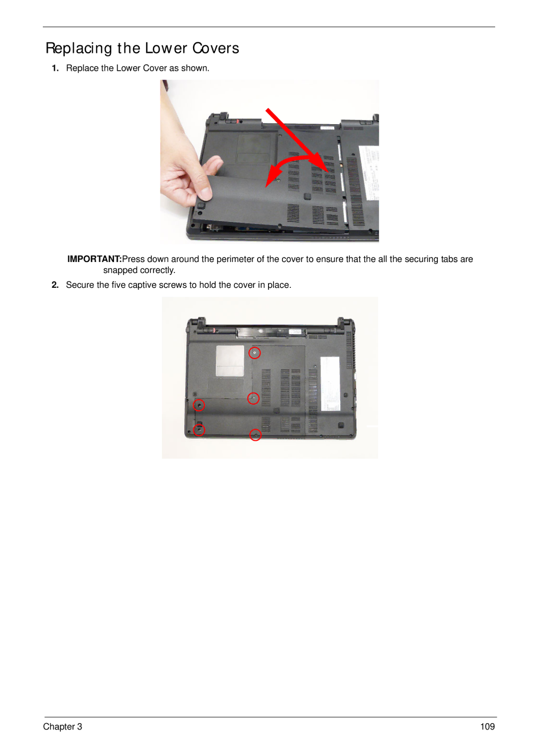 Acer 4820T manual Replacing the Lower Covers 