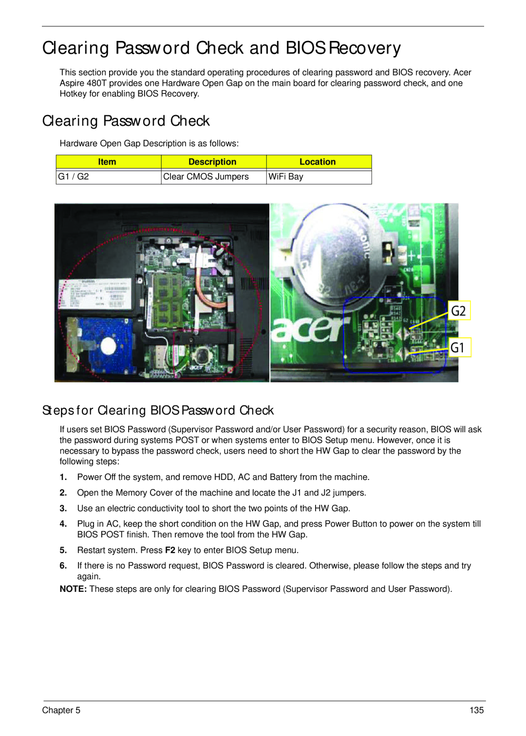 Acer 4820T manual Clearing Password Check and Bios Recovery, Steps for Clearing Bios Password Check 