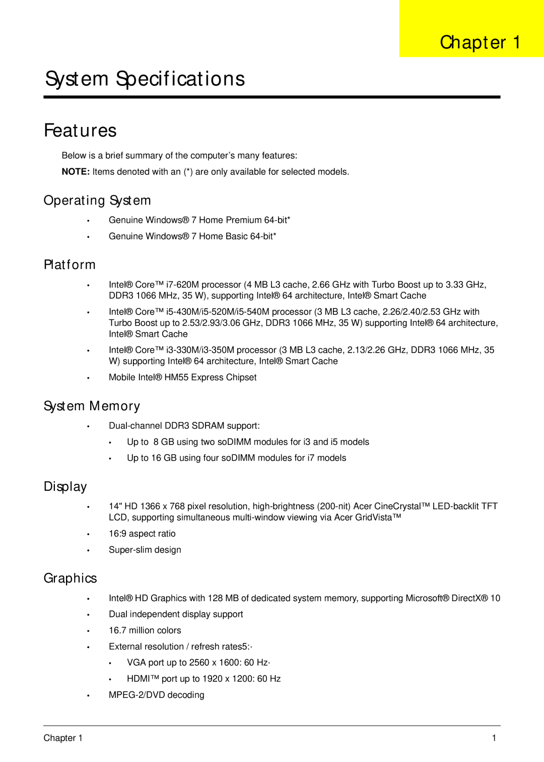 Acer 4820T manual Chapter, Features 