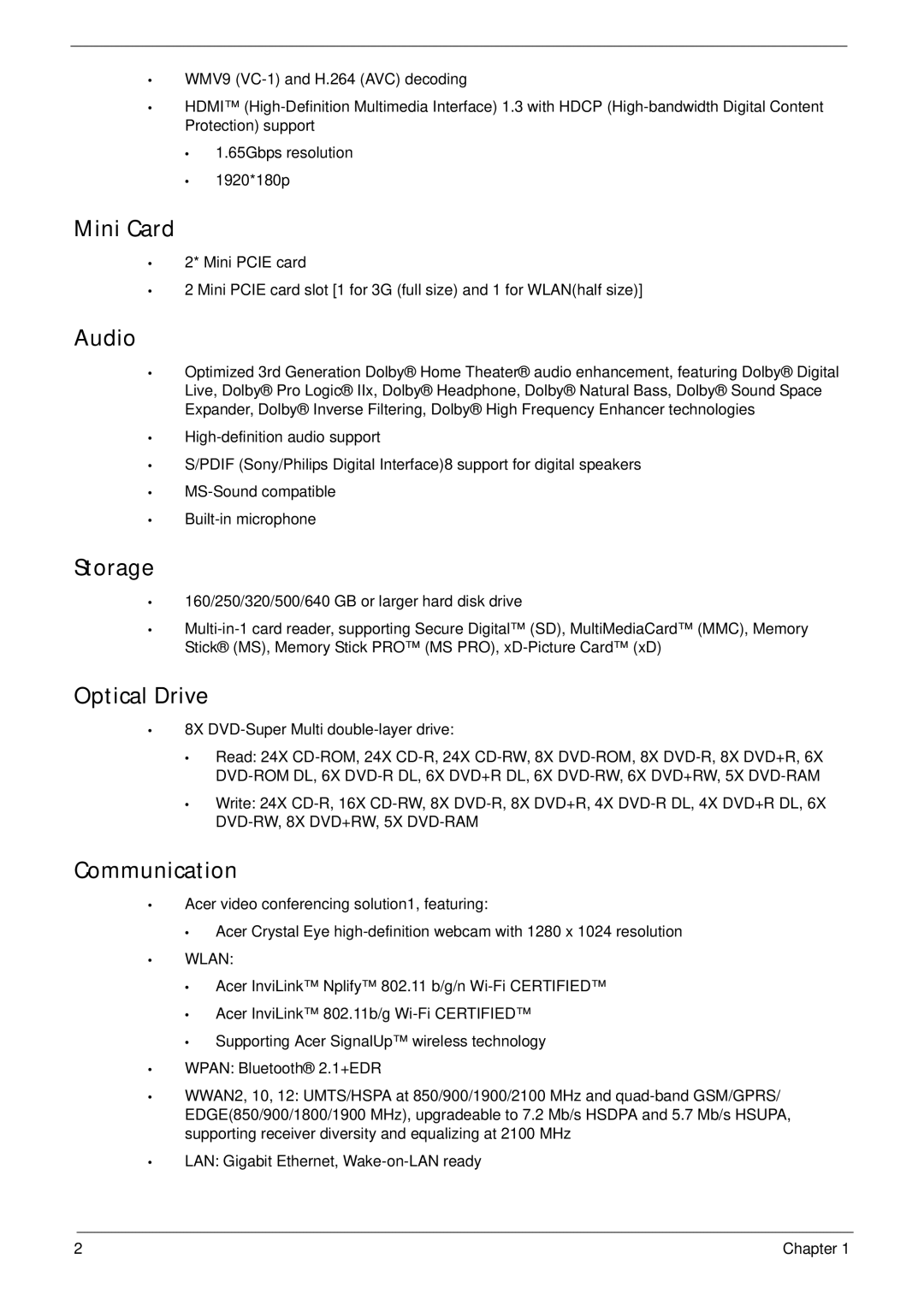 Acer 4820T manual Mini Card, Audio, Storage, Optical Drive, Communication 