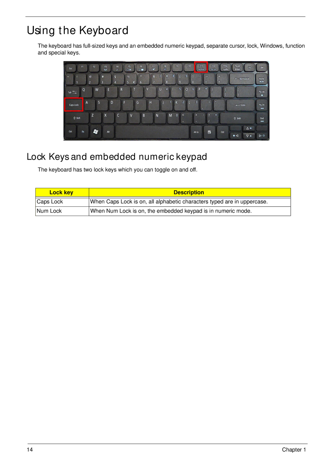 Acer 4820T manual Using the Keyboard, Lock Keys and embedded numeric keypad, Lock key Description 