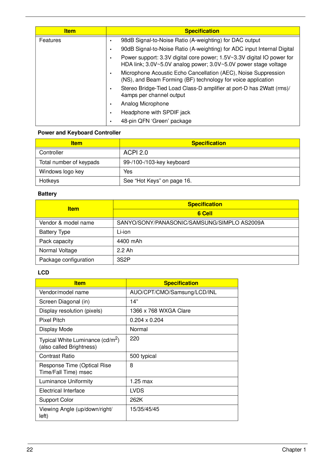 Acer 4820T manual Power and Keyboard Controller Specification, Battery Specification Cell, Lcd, Lvds 