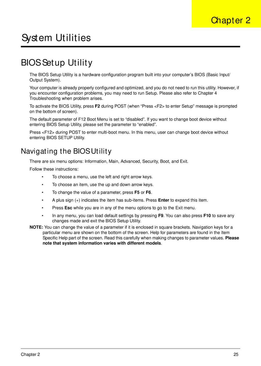 Acer 4820T manual Bios Setup Utility, Navigating the Bios Utility 