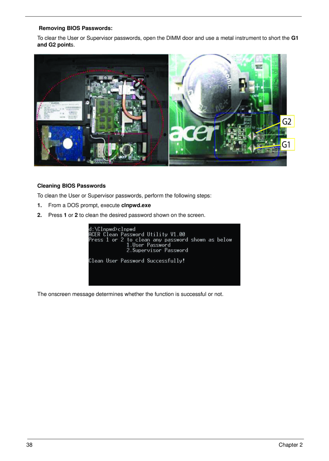 Acer 4820T manual Removing Bios Passwords, Cleaning Bios Passwords 