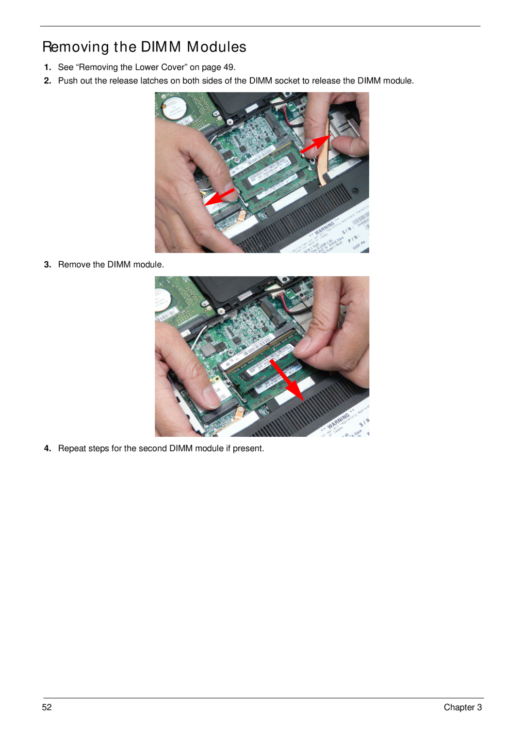 Acer 4820T manual Removing the Dimm Modules 