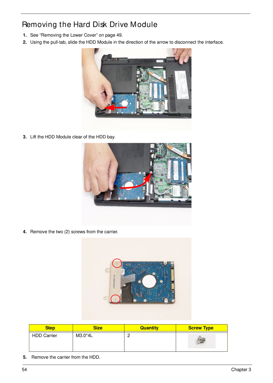 Acer 4820T manual Removing the Hard Disk Drive Module, Step Size Quantity Screw Type HDD Carrier M3.0*4L 