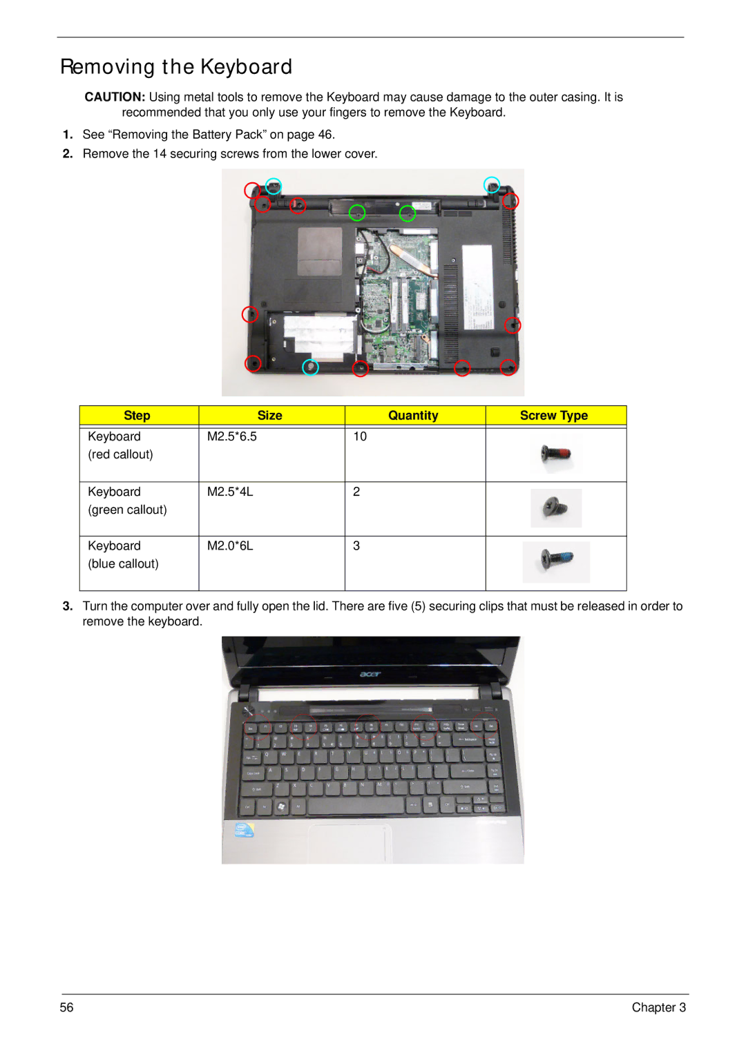 Acer 4820T manual Removing the Keyboard, Step Size Quantity Screw Type 