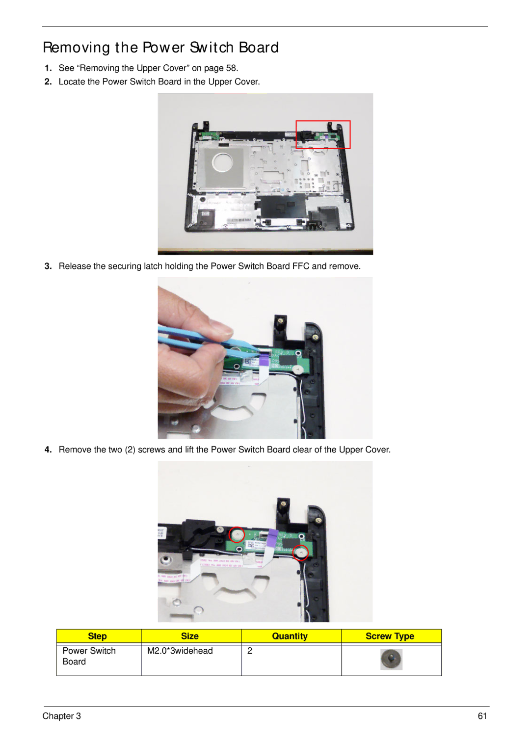 Acer 4820T manual Removing the Power Switch Board 