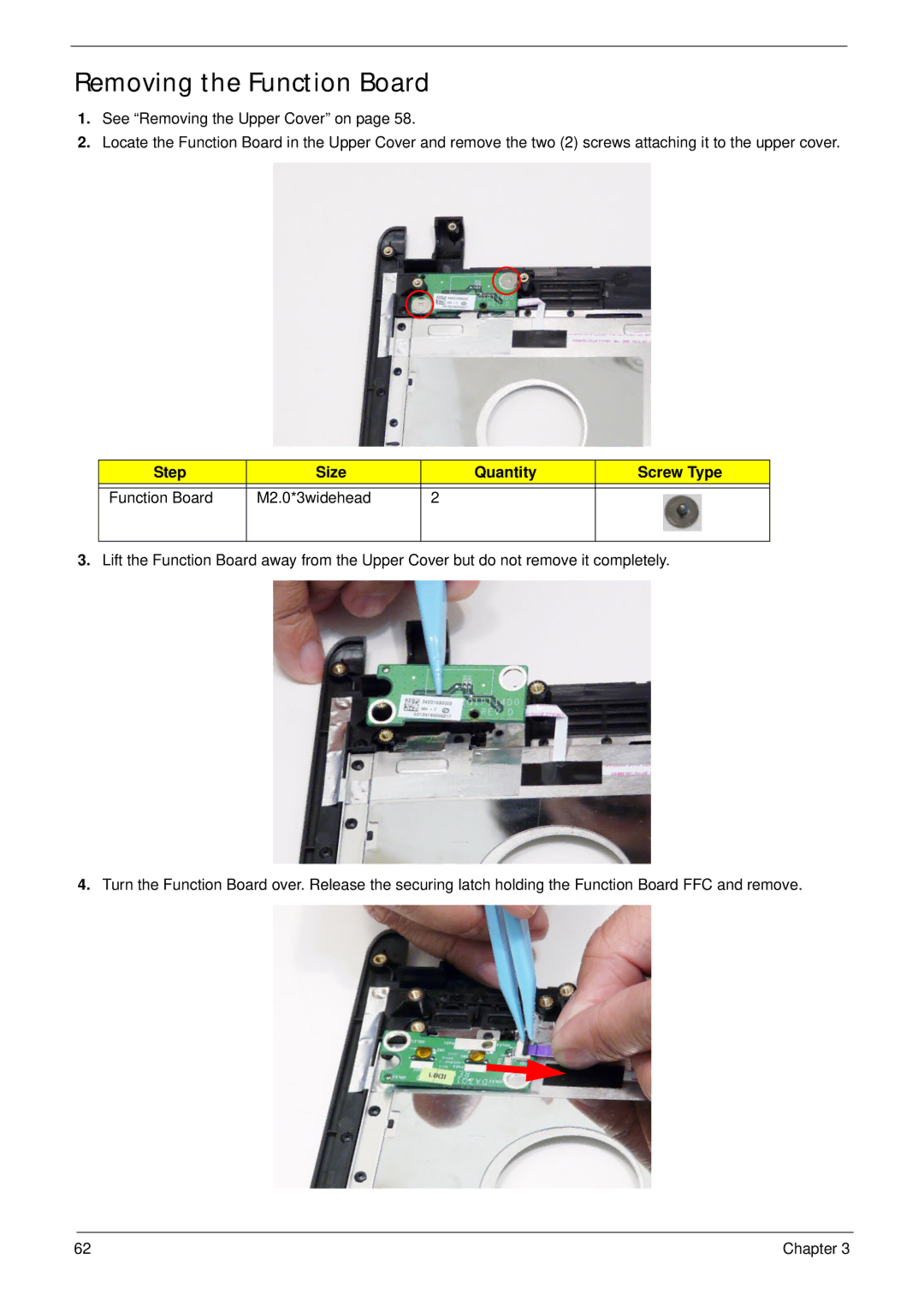 Acer 4820T manual Removing the Function Board, Step Size Quantity Screw Type Function Board M2.0*3widehead 