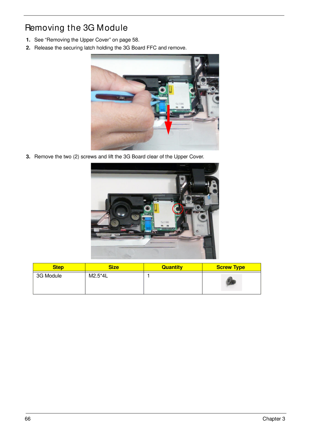 Acer 4820T manual Removing the 3G Module, Step Size Quantity Screw Type 3G Module M2.5*4L 