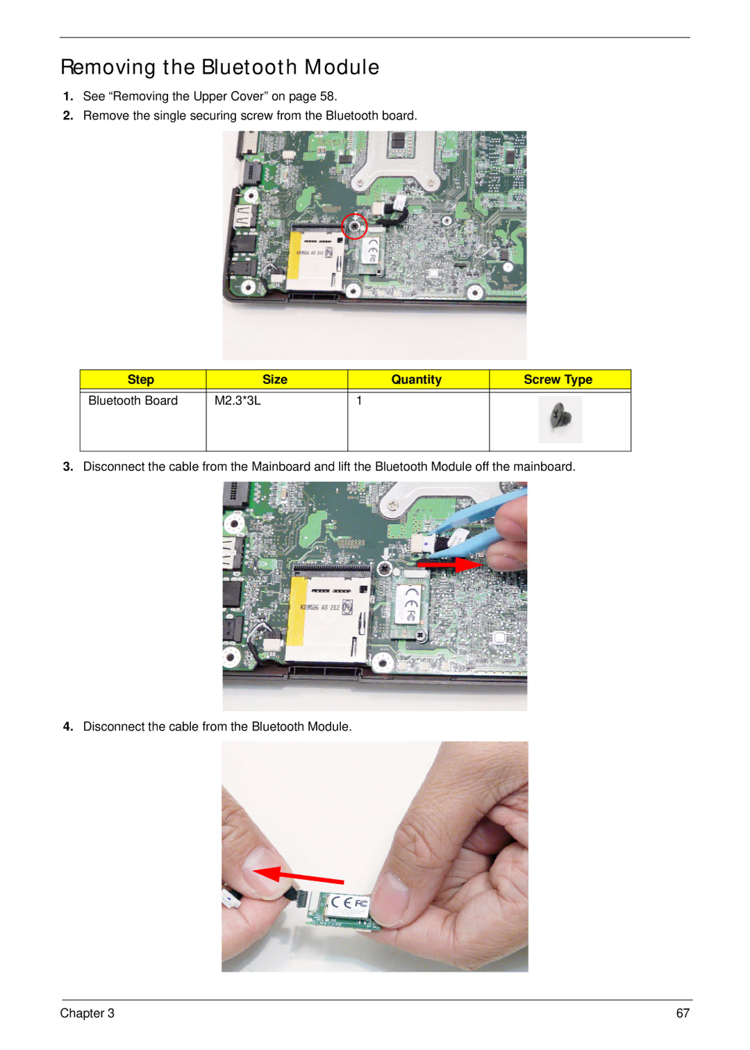 Acer 4820T manual Removing the Bluetooth Module, Step Size Quantity Screw Type Bluetooth Board M2.3*3L 