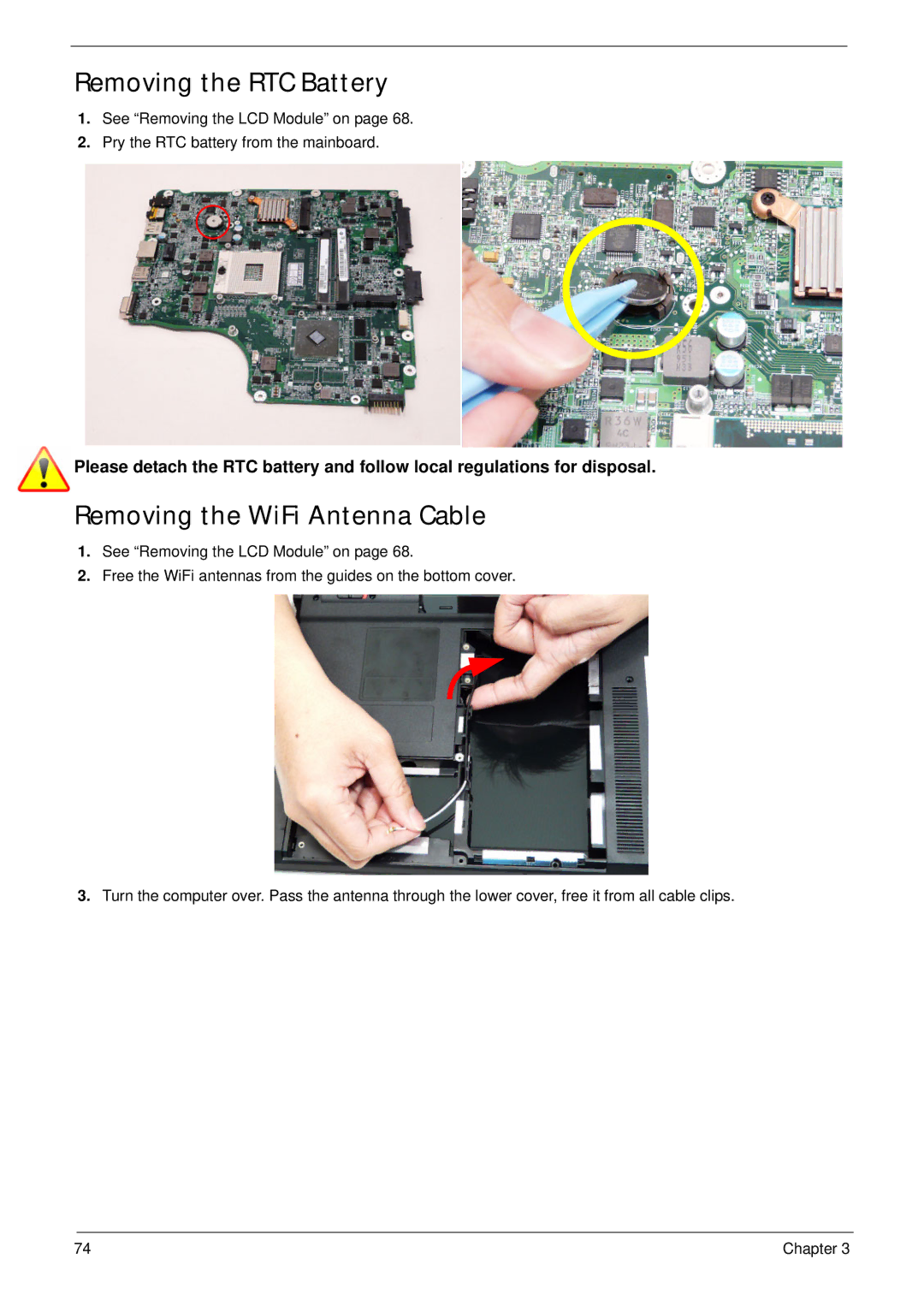 Acer 4820T manual Removing the RTC Battery, Removing the WiFi Antenna Cable 