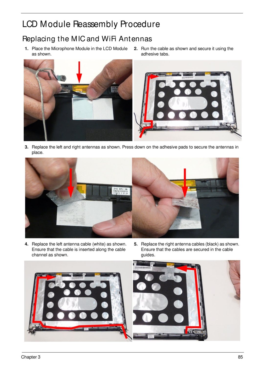 Acer 4820T manual LCD Module Reassembly Procedure, Replacing the MIC and WiFi Antennas 