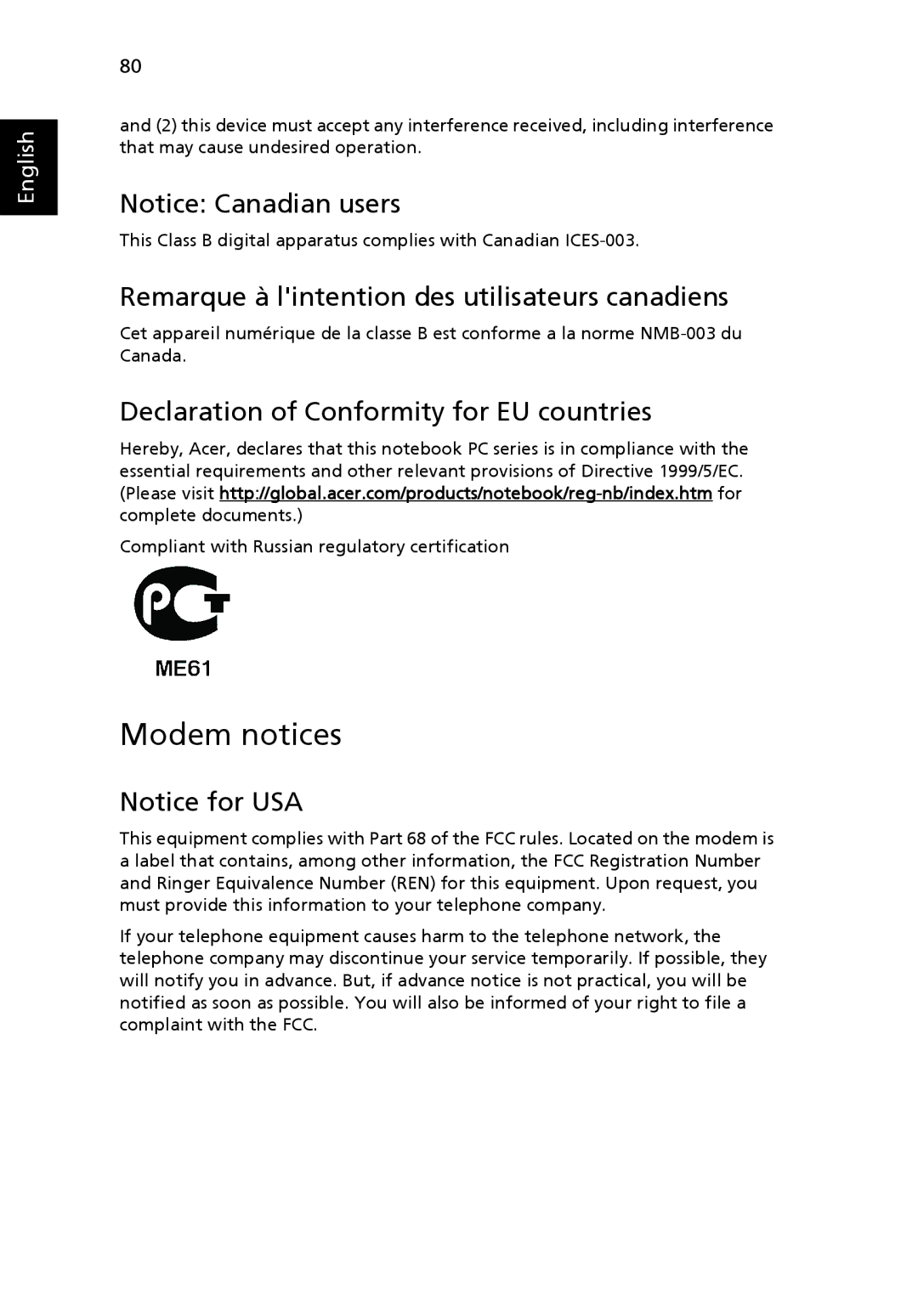 Acer 4920 Modem notices, Remarque à lintention des utilisateurs canadiens, Declaration of Conformity for EU countries 