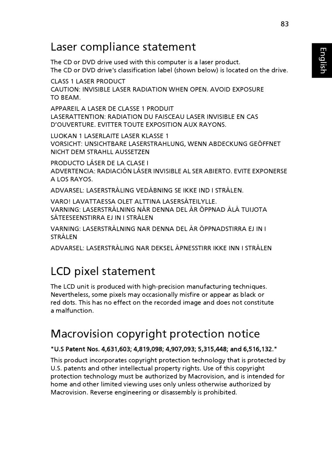 Acer MS2219, 4920 manual Laser compliance statement, LCD pixel statement, Macrovision copyright protection notice 