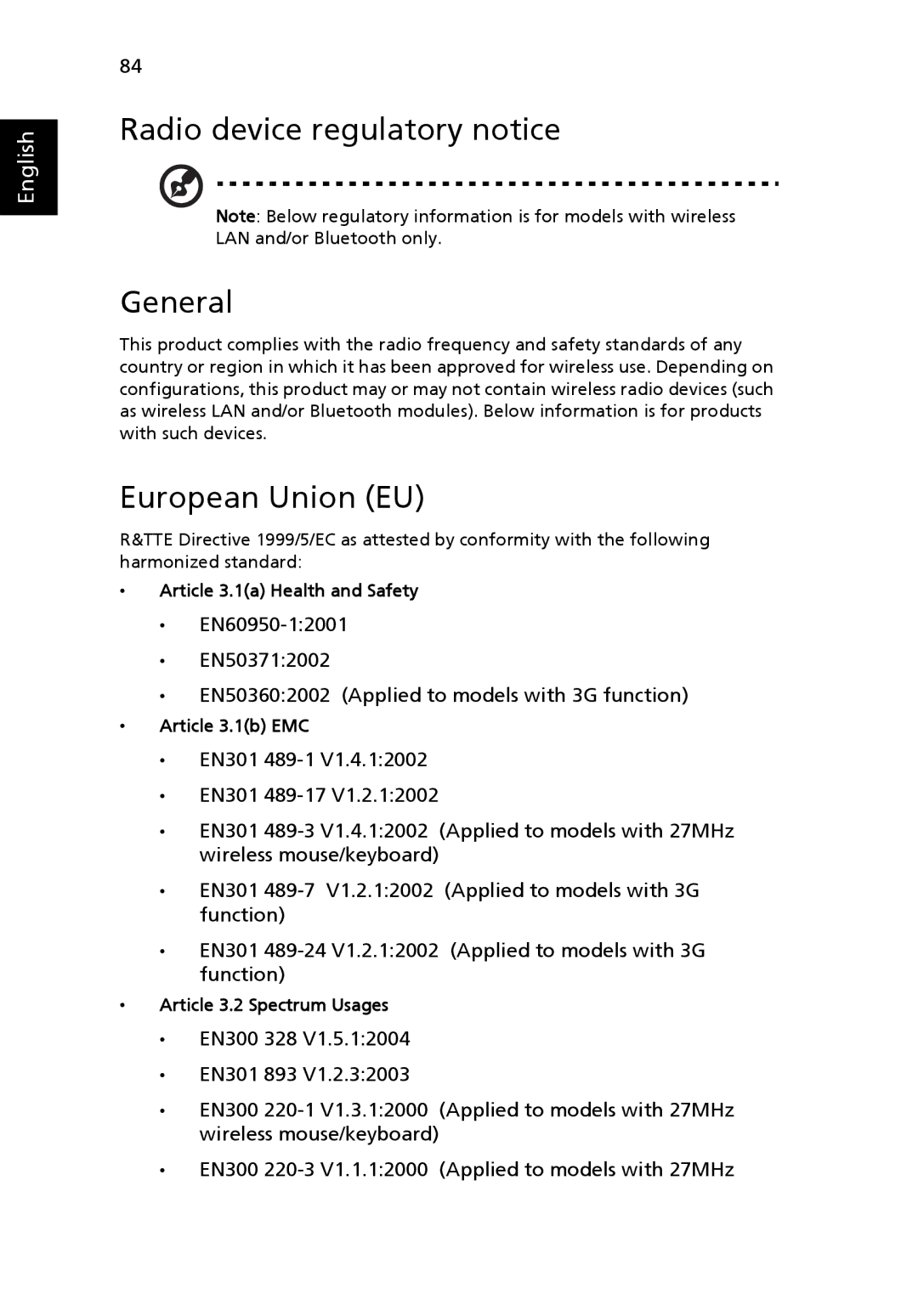 Acer 4920 Radio device regulatory notice General, European Union EU, Article 3.1a Health and Safety, Article 3.1b EMC 