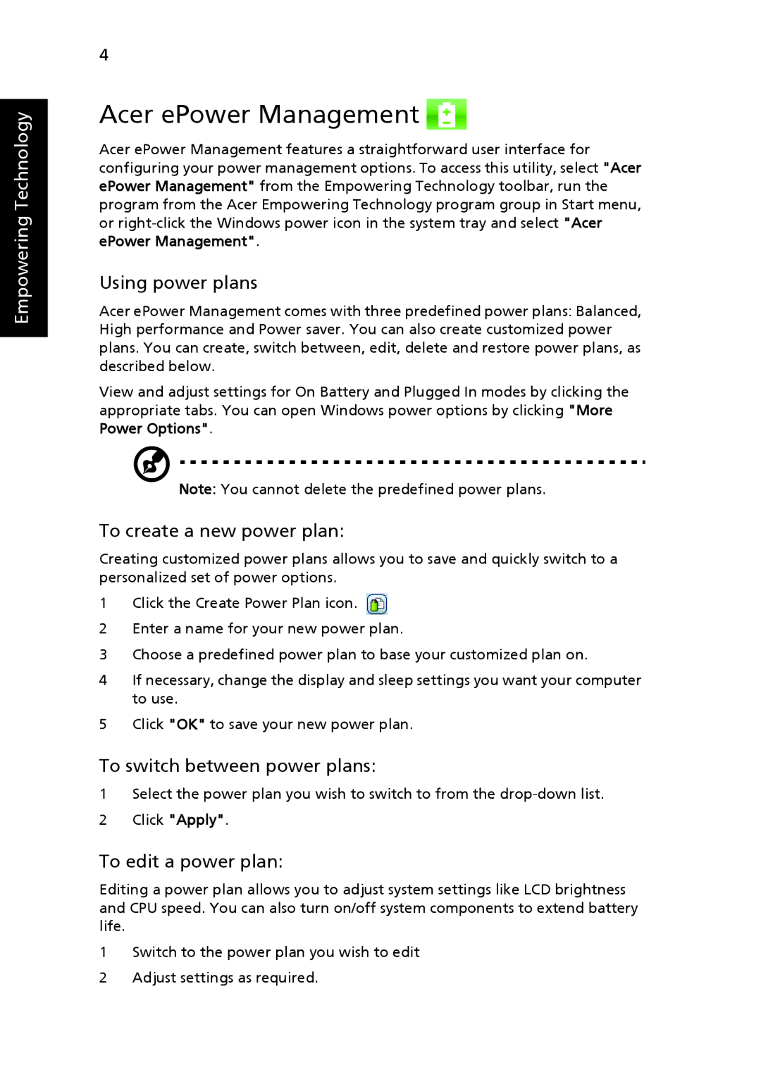 Acer 4920, MS2219 Acer ePower Management, Using power plans, To create a new power plan, To switch between power plans 