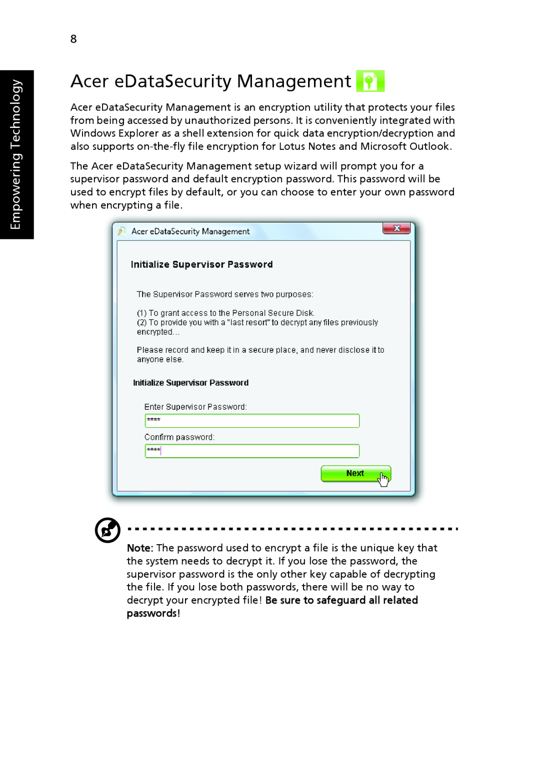 Acer 4920, MS2219 manual Acer eDataSecurity Management 