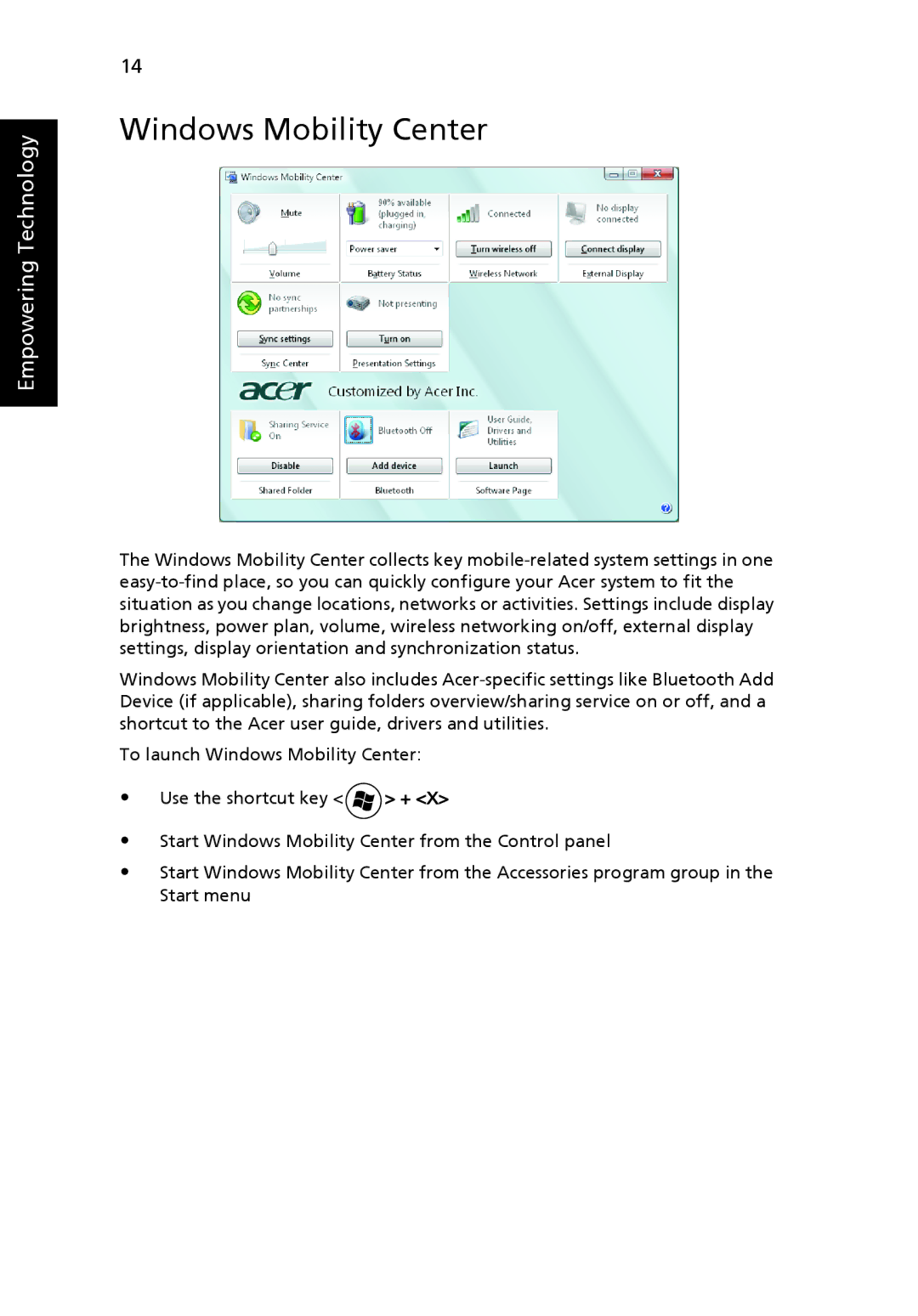 Acer 4920, MS2219 manual Windows Mobility Center 