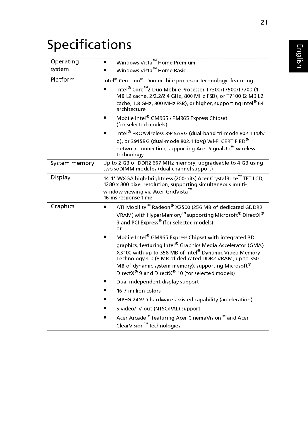 Acer MS2219, 4920 manual Specifications, Platform 