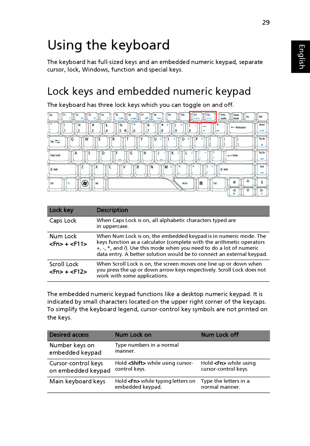 Acer MS2219, 4920 manual Using the keyboard, Lock keys and embedded numeric keypad, Lock key Description, Fn + F11 