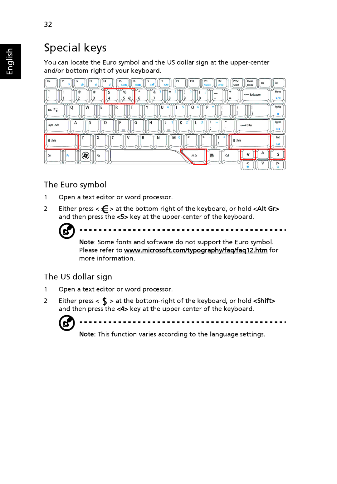 Acer 4920, MS2219 manual Special keys, Euro symbol, US dollar sign 