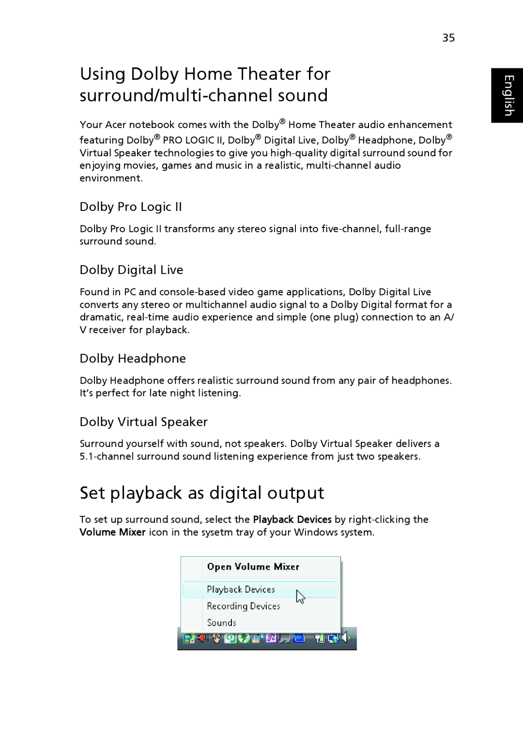 Acer MS2219, 4920 manual Using Dolby Home Theater for surround/multi-channel sound, Set playback as digital output 