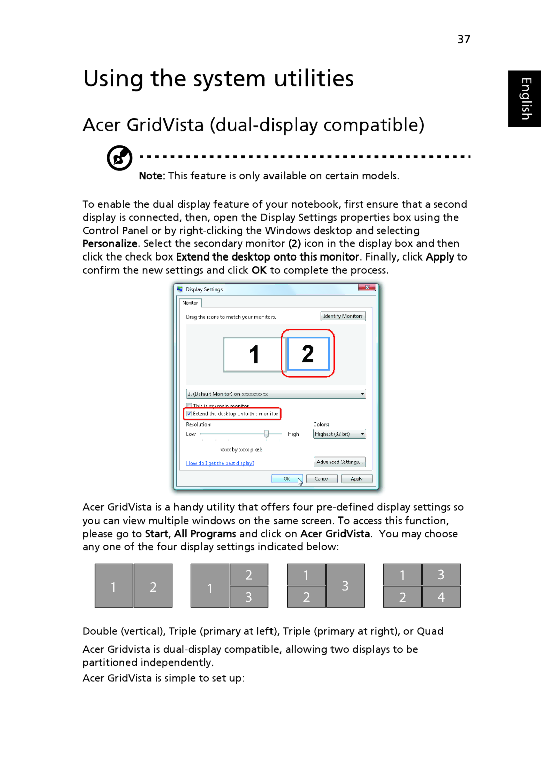 Acer MS2219, 4920 manual Using the system utilities, Acer GridVista dual-display compatible 