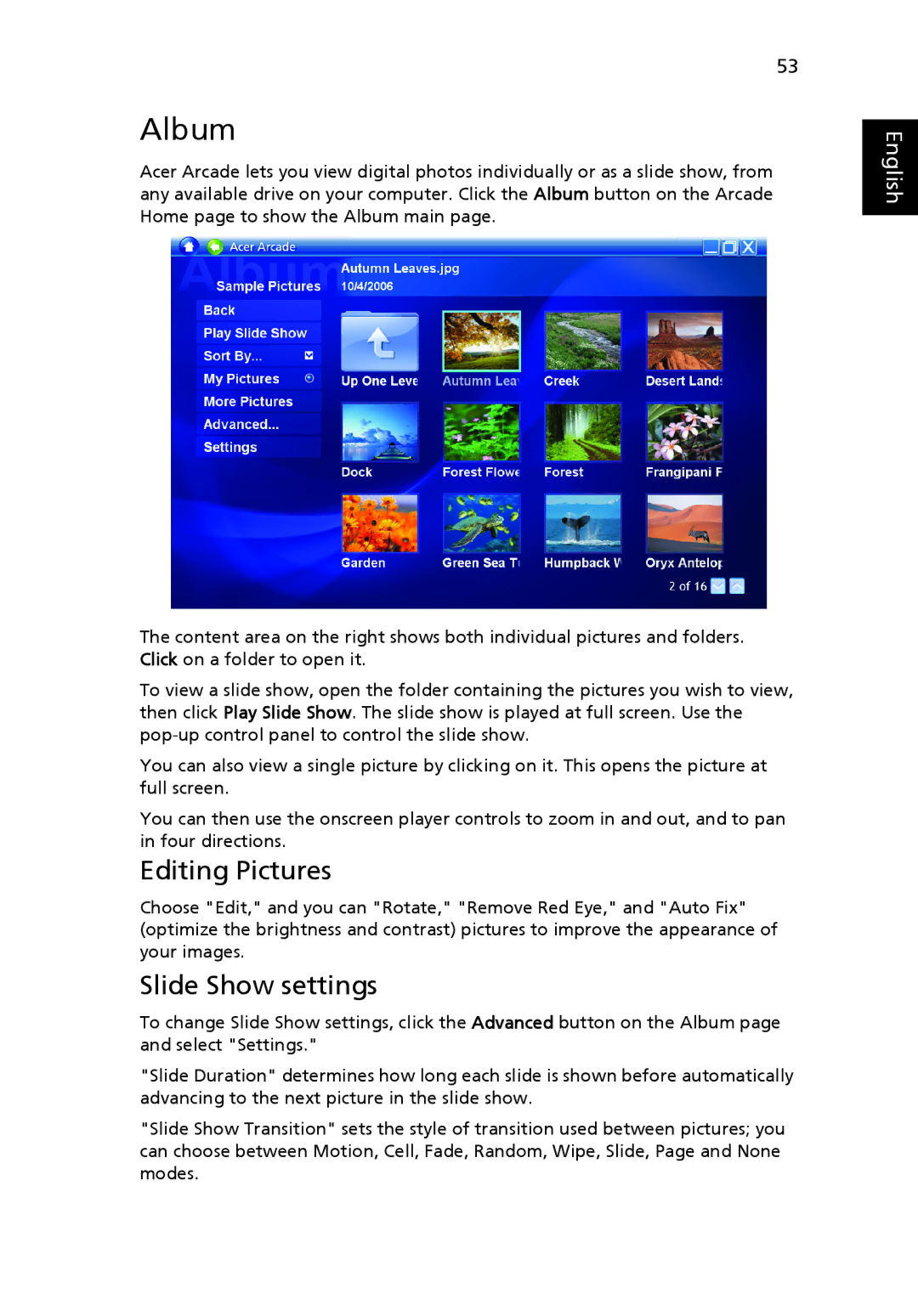 Acer MS2219, 4920 manual Album, Editing Pictures, Slide Show settings 