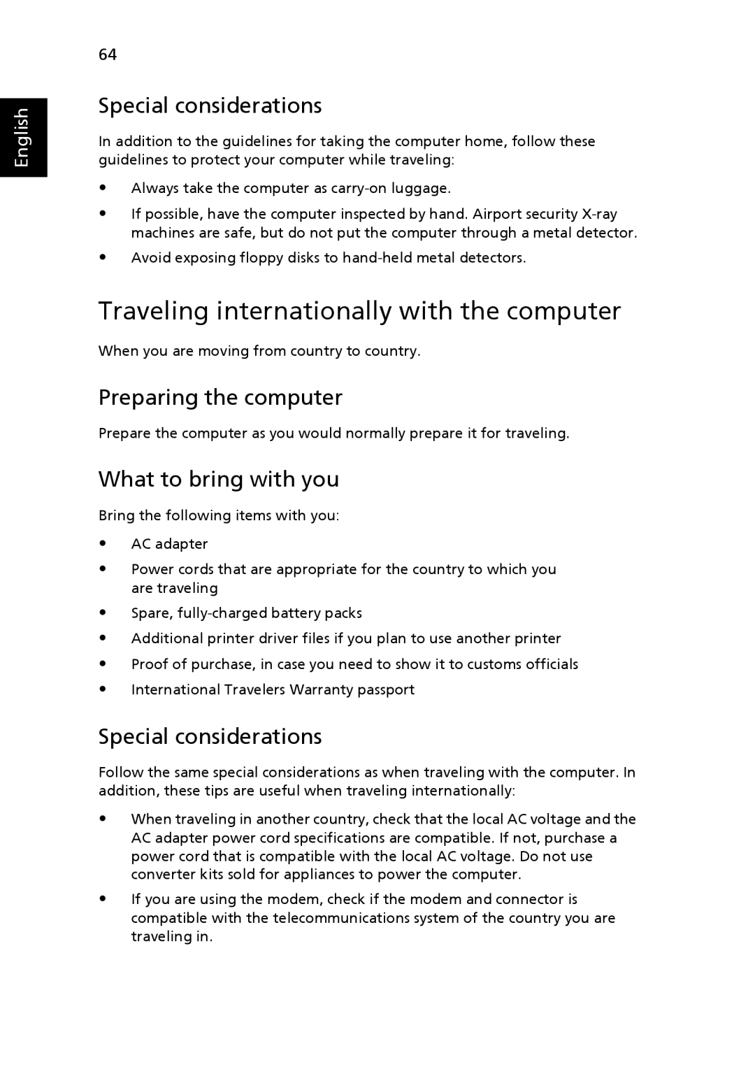 Acer 4920, MS2219 manual Traveling internationally with the computer, What to bring with you 