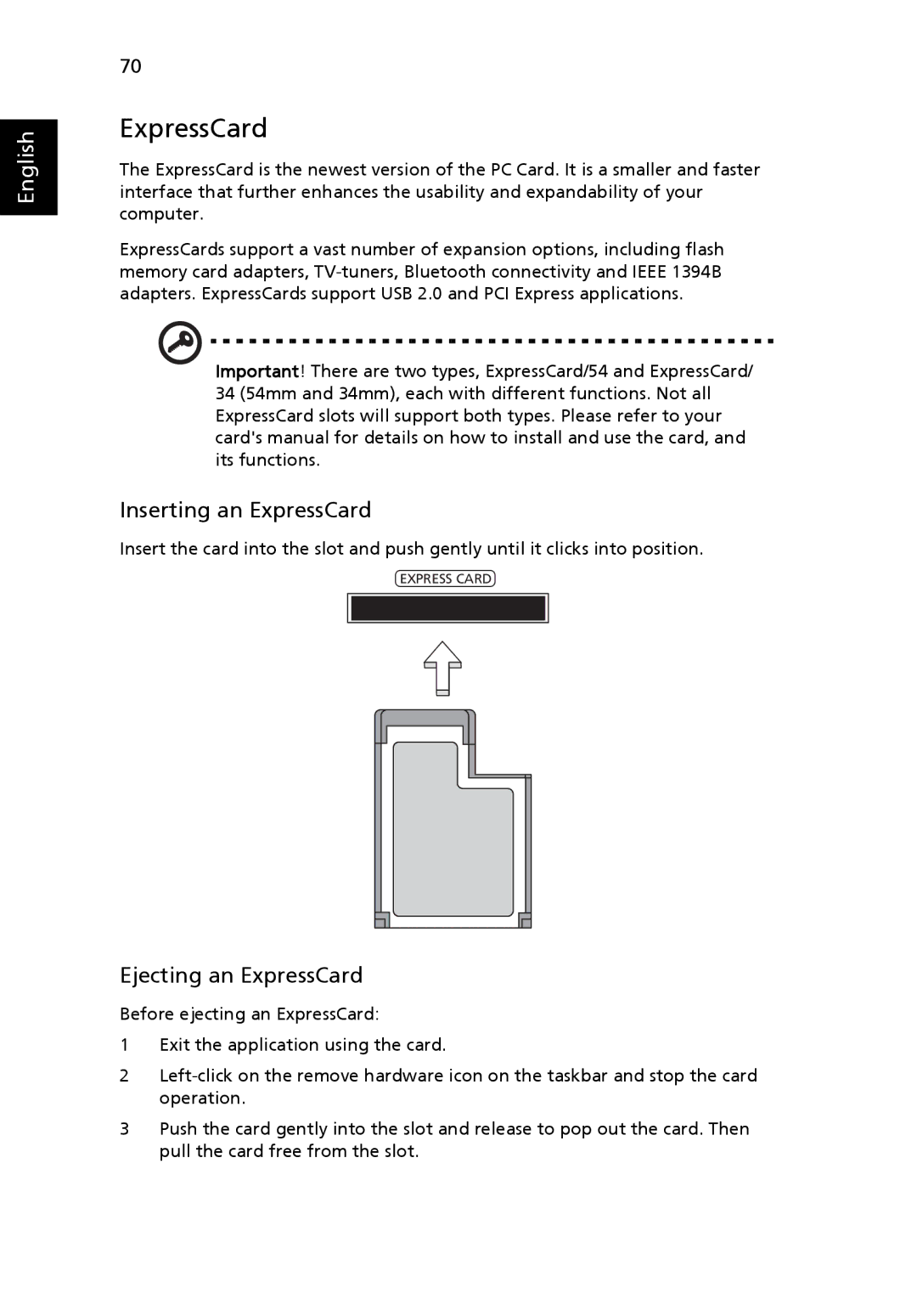 Acer 4920, MS2219 manual Inserting an ExpressCard, Ejecting an ExpressCard 