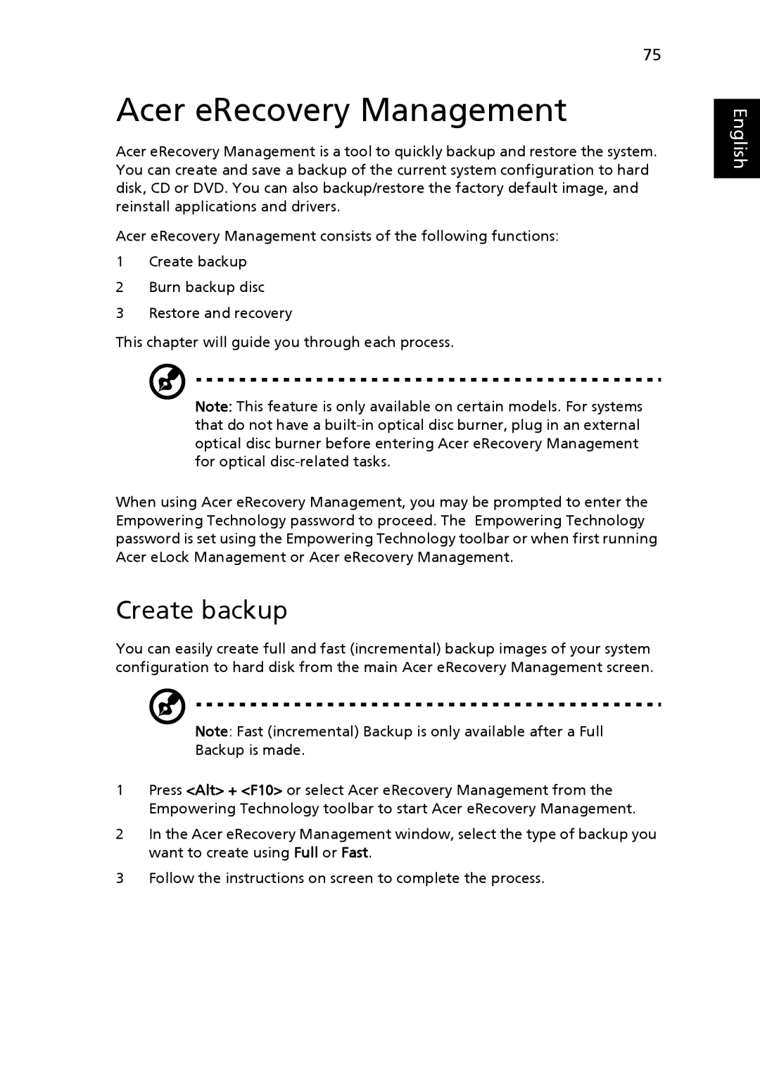 Acer MS2219, 4920 manual Acer eRecovery Management, Create backup 