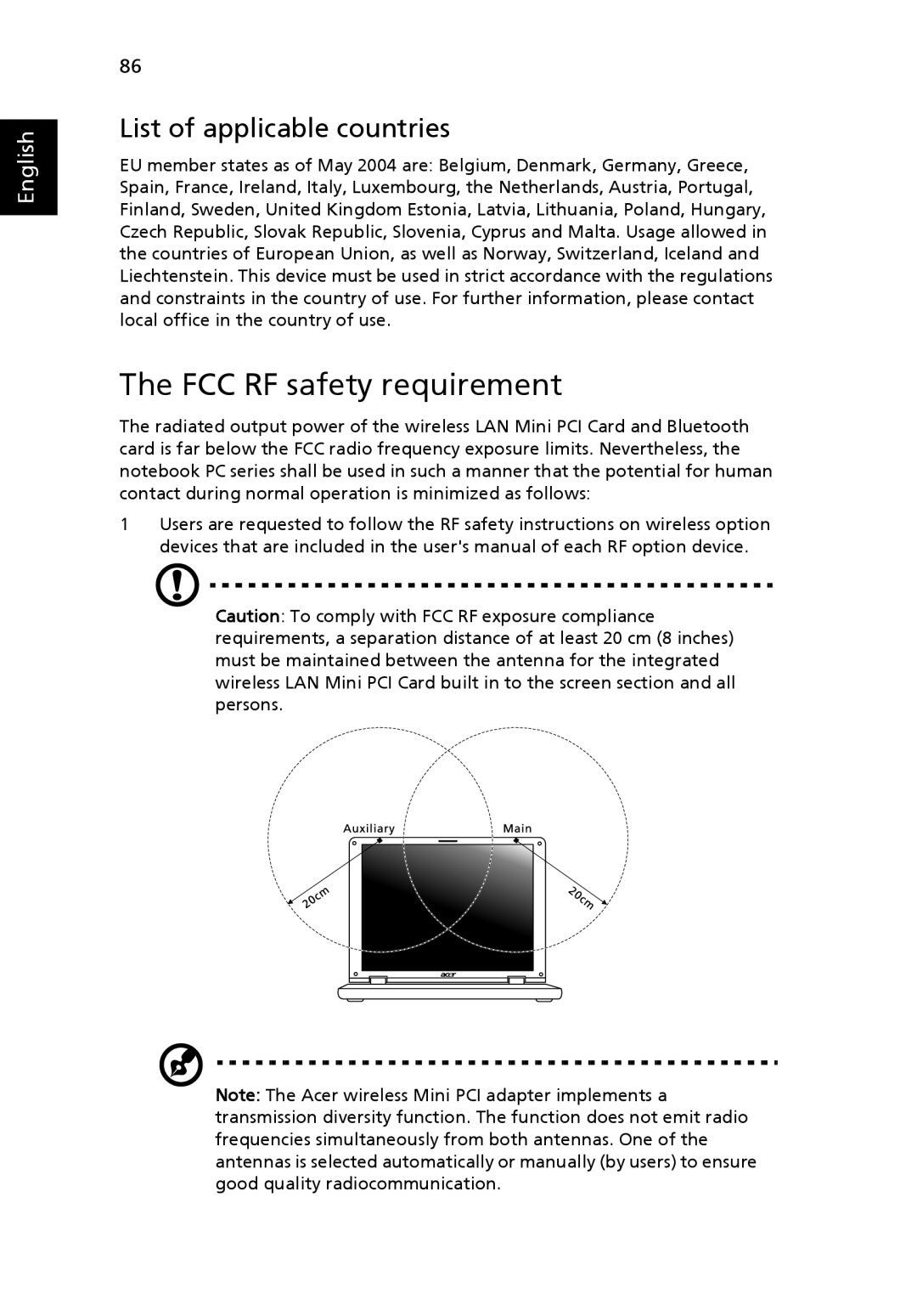 Acer 4920, MS2219 manual The FCC RF safety requirement, List of applicable countries, English 