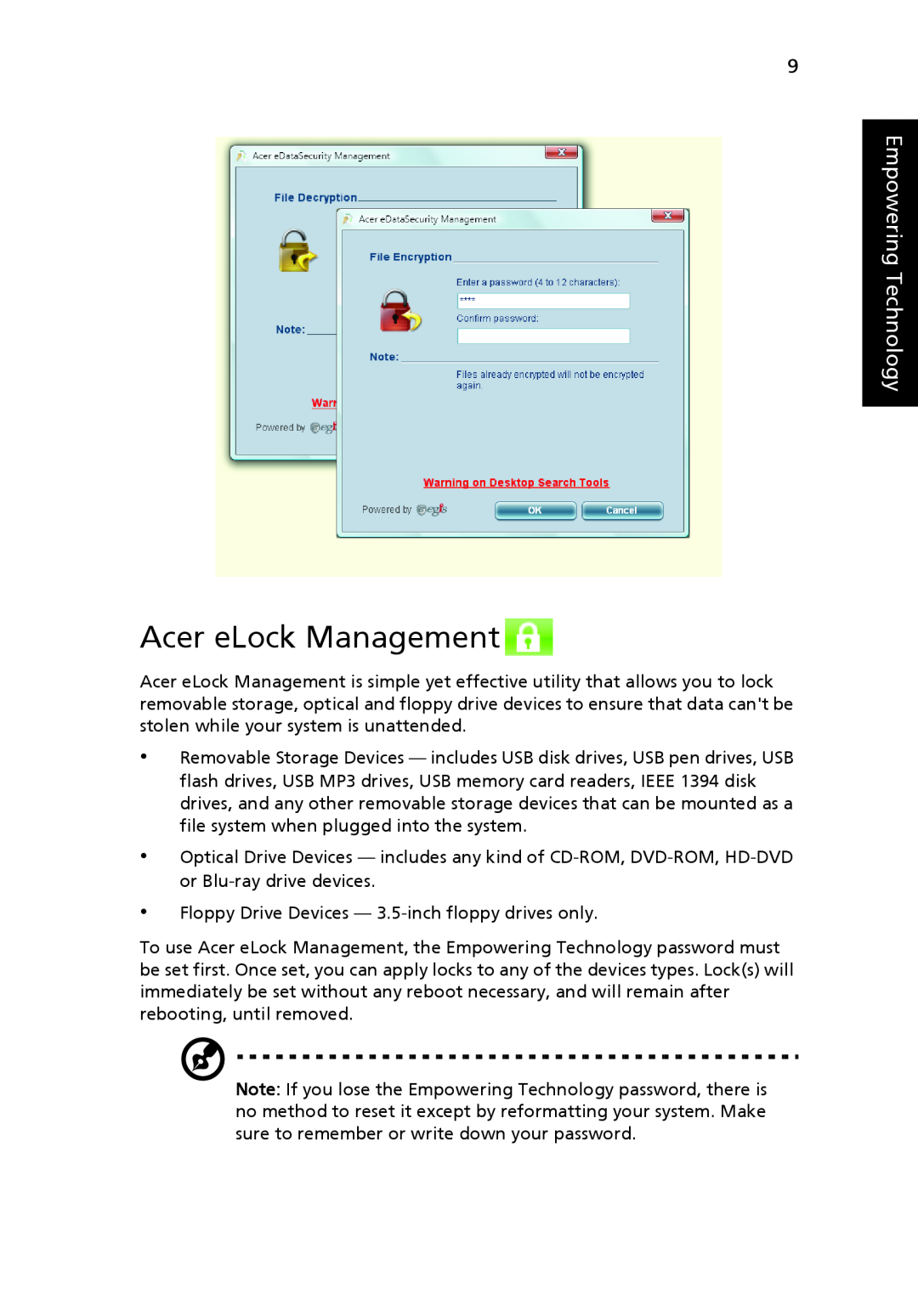 Acer MS2219, 4920 manual Acer eLock Management, Empowering Technology 