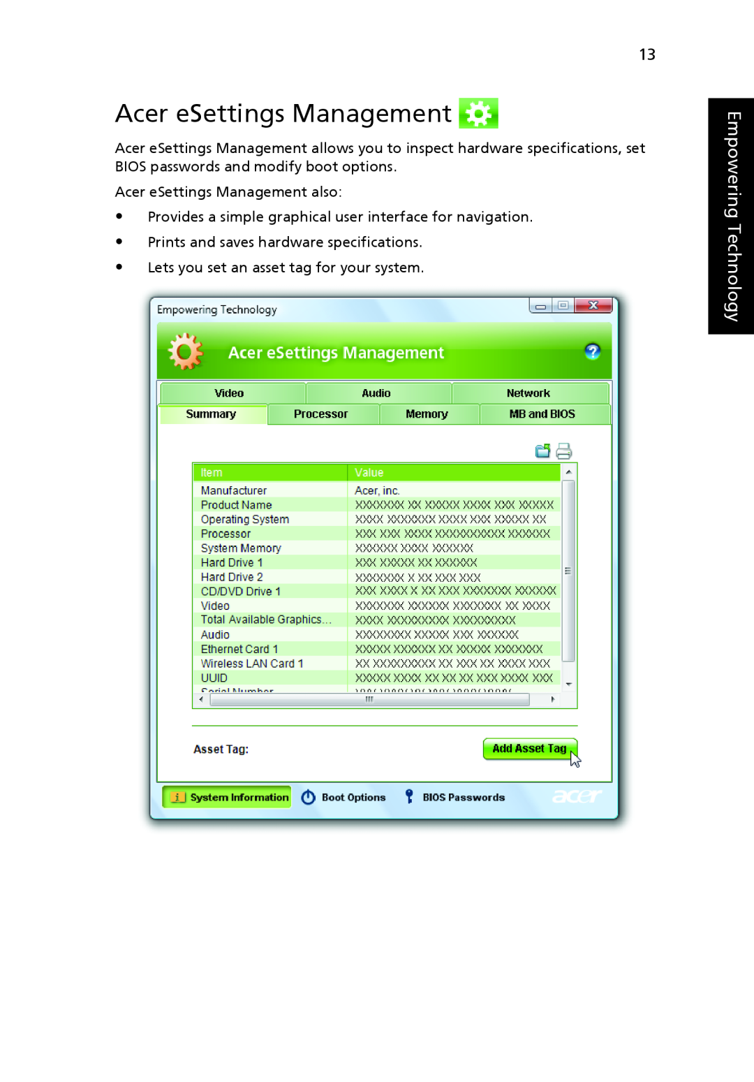 Acer MS2219, 4920 manual Empowering Technology, Acer eSettings Management also, Prints and saves hardware specifications 